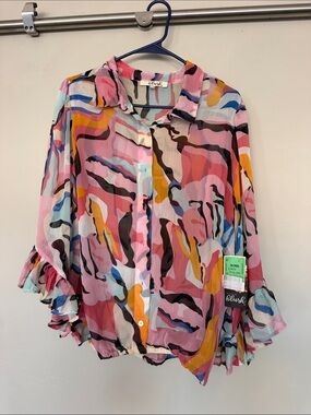 Blush Multicolor Abstract Print Ruffle Sleeve Button-Down Shirt